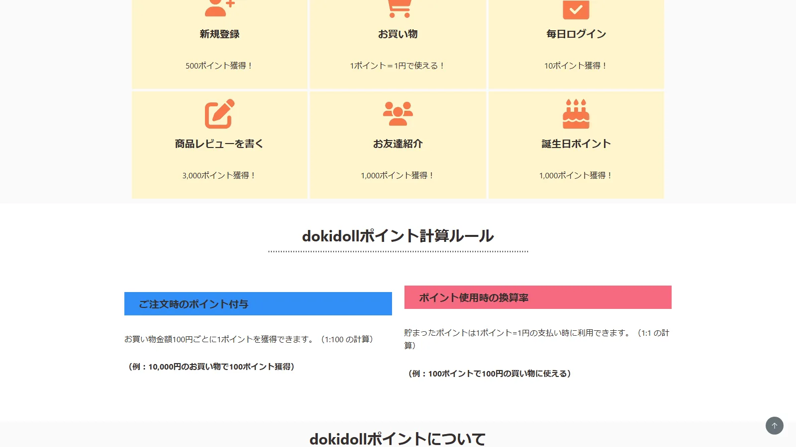 dokidoll 公式「PointClub」ページ・ポイント獲得方法(新規登録500pt、毎日ログイン10pt、レビュー3,000pt、友達紹介1,000pt、誕生日1,000pt)