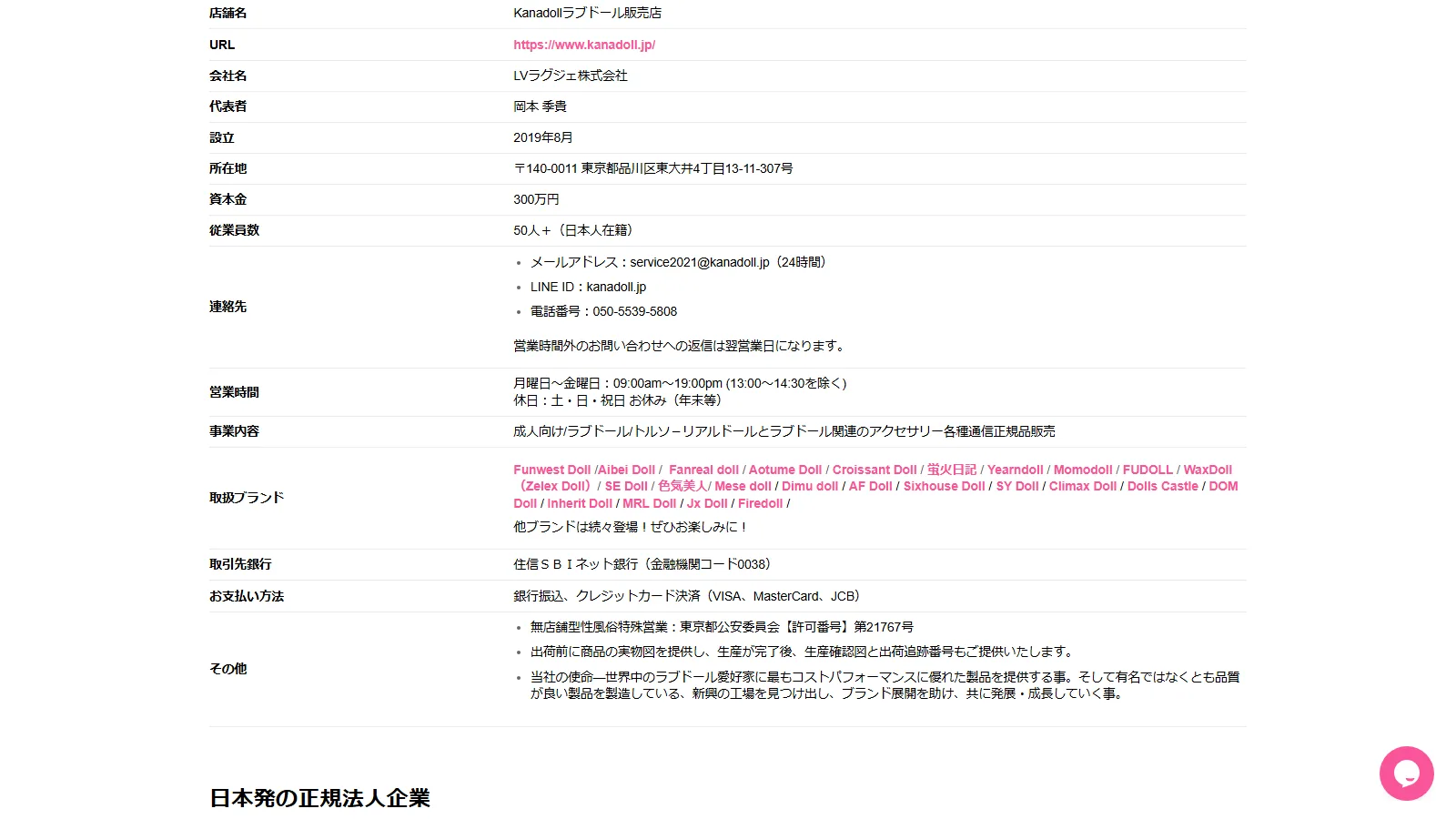 Kanadoll 公式「会社概要」ページ・LVラグジェ株式会社の事業者情報