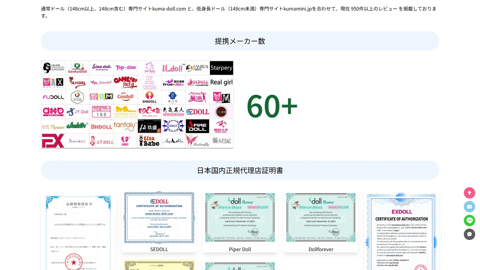 KUMADOLL 公式「会社概要」ページ・提携メーカー 60+ のロゴグリッド一覧